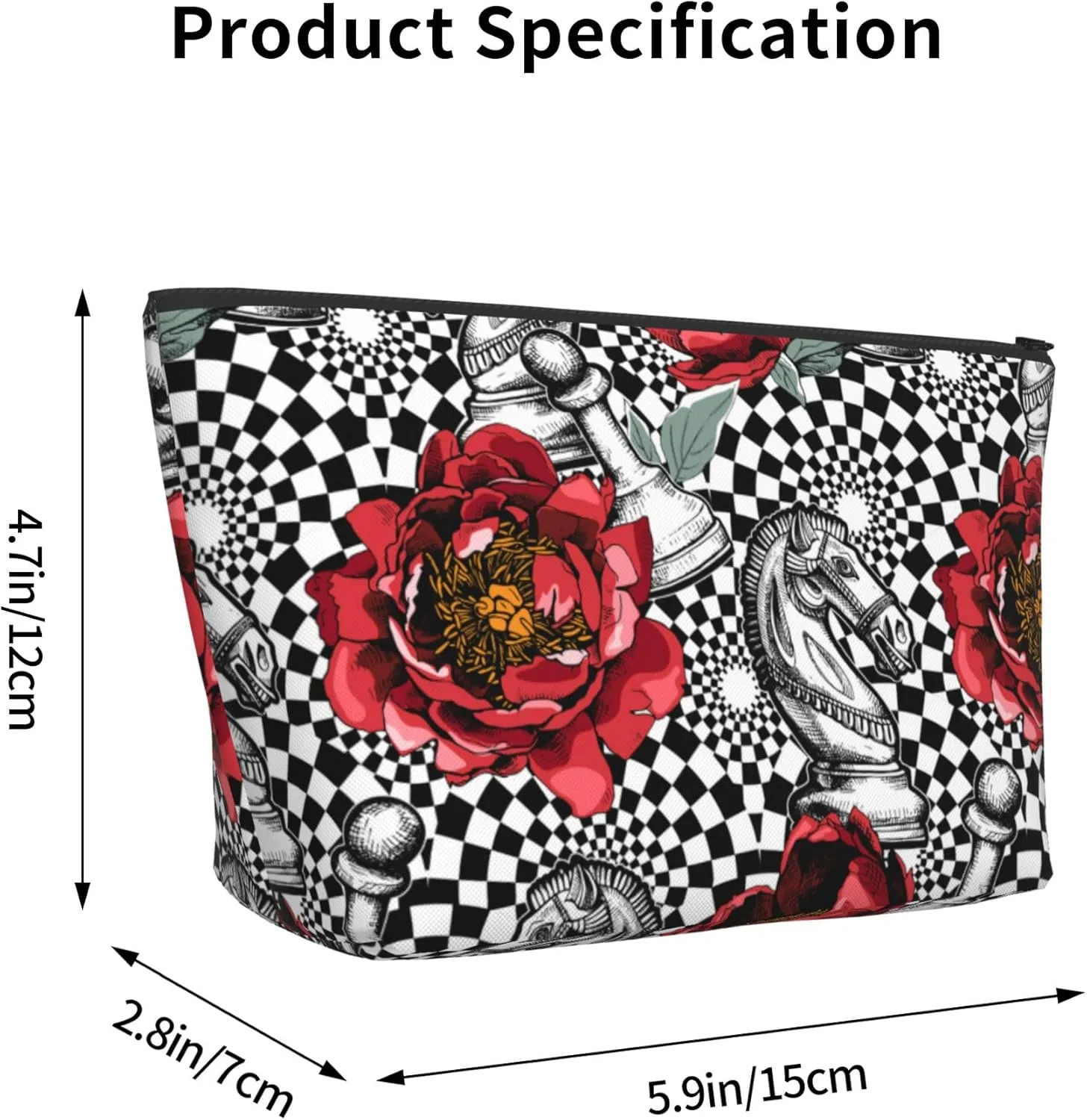 Cosmetic Bags For Women Handbags Purses Makeup Organizer Storage Makeup Bag (Red Peony flowers black white Chess checkered horse floral)