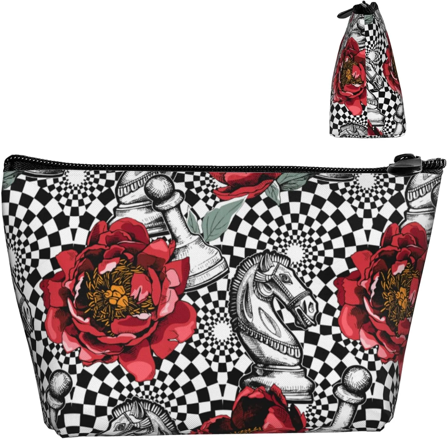 Cosmetic Bags For Women Handbags Purses Makeup Organizer Storage Makeup Bag (Red Peony flowers black white Chess checkered horse floral)
