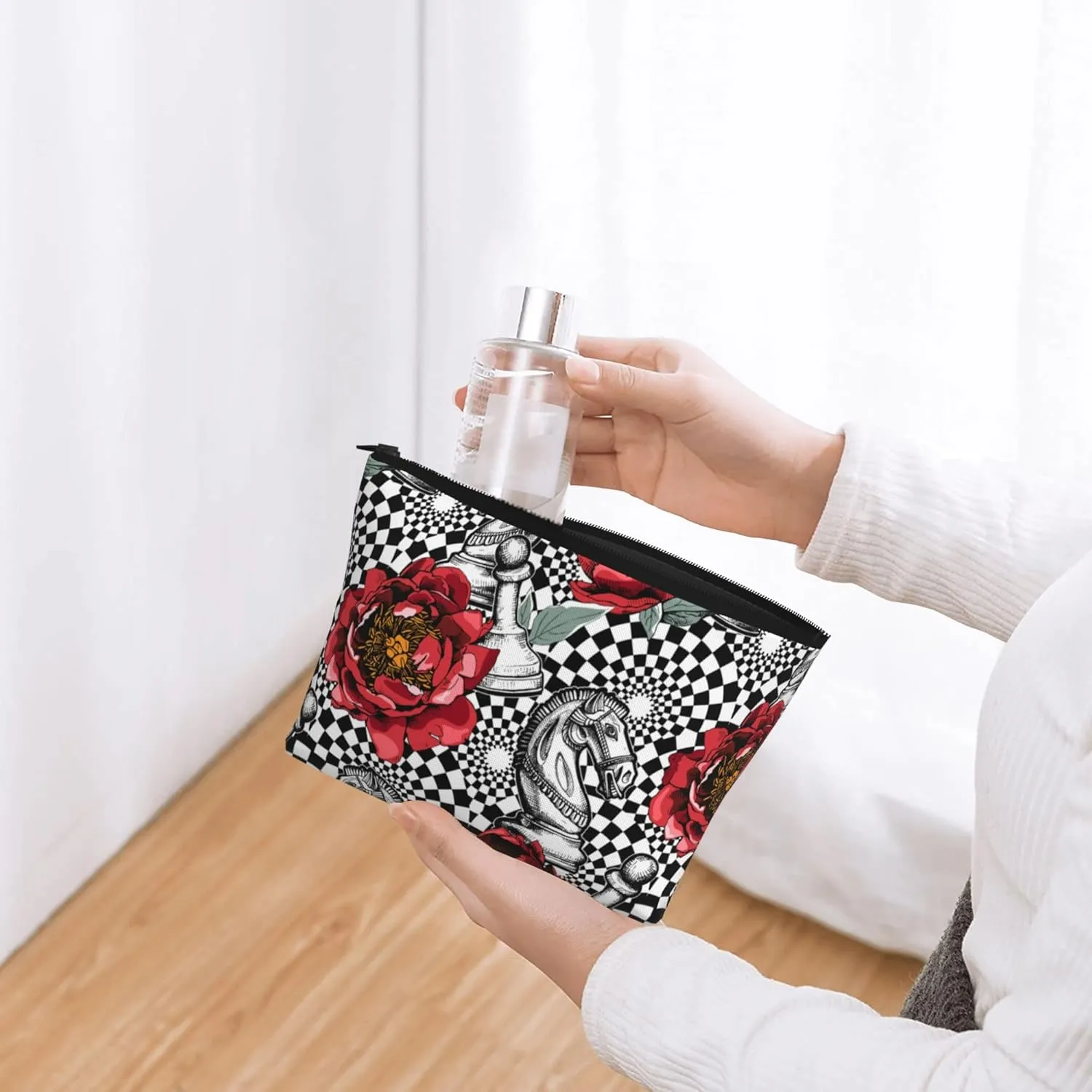 Cosmetic Bags For Women Handbags Purses Makeup Organizer Storage Makeup Bag (Red Peony flowers black white Chess checkered horse floral)