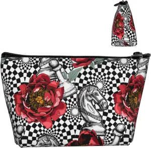 Cosmetic Bags For Women Handbags Purses Makeup Organizer Storage Makeup Bag (Red Peony flowers black white Chess checkered horse floral)