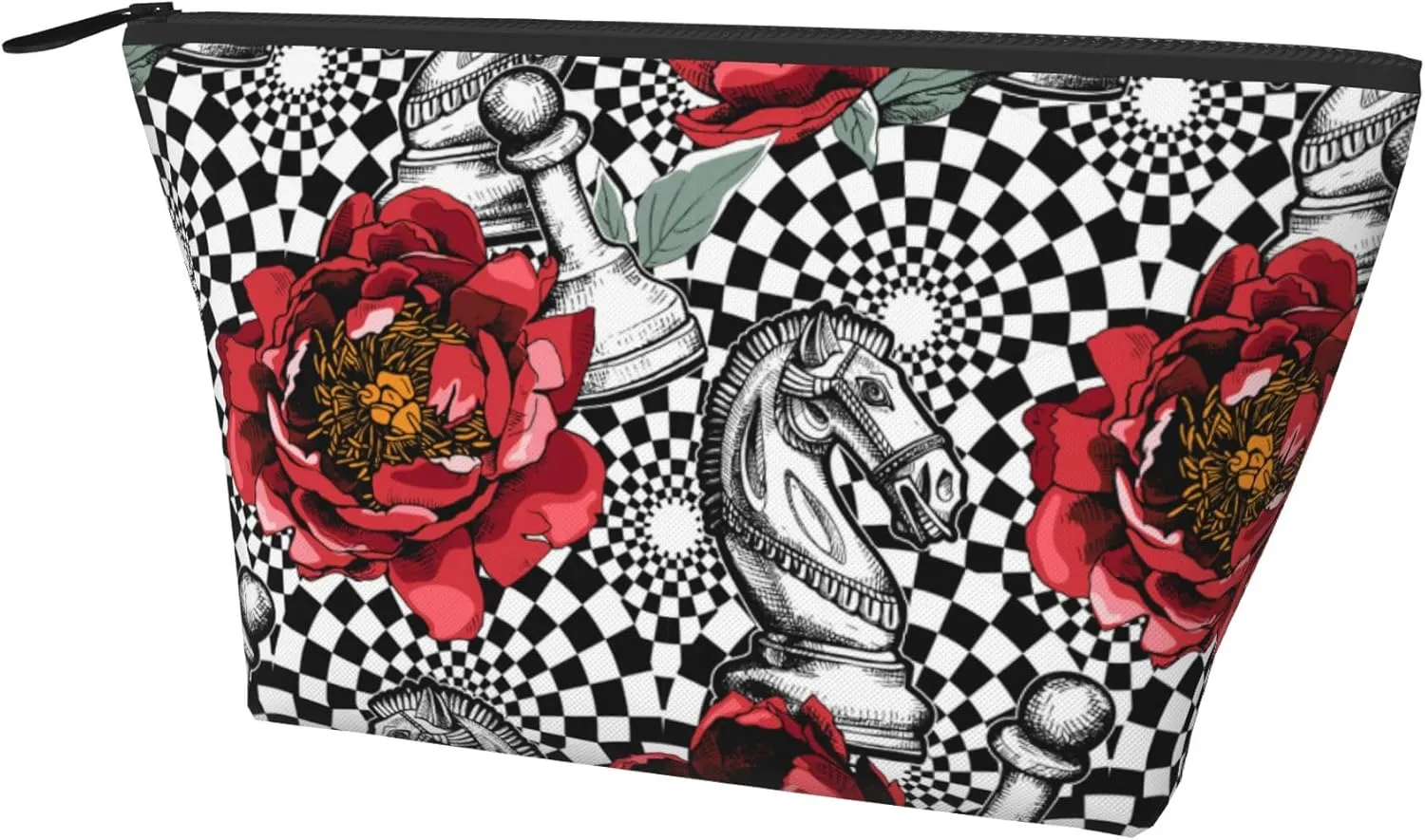 Cosmetic Bags For Women Handbags Purses Makeup Organizer Storage Makeup Bag (Red Peony flowers black white Chess checkered horse floral)
