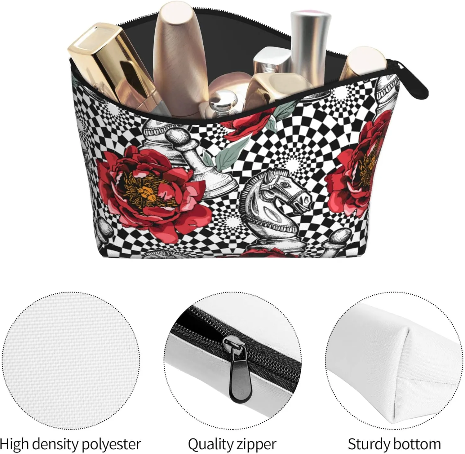 Cosmetic Bags For Women Handbags Purses Makeup Organizer Storage Makeup Bag (Red Peony flowers black white Chess checkered horse floral)
