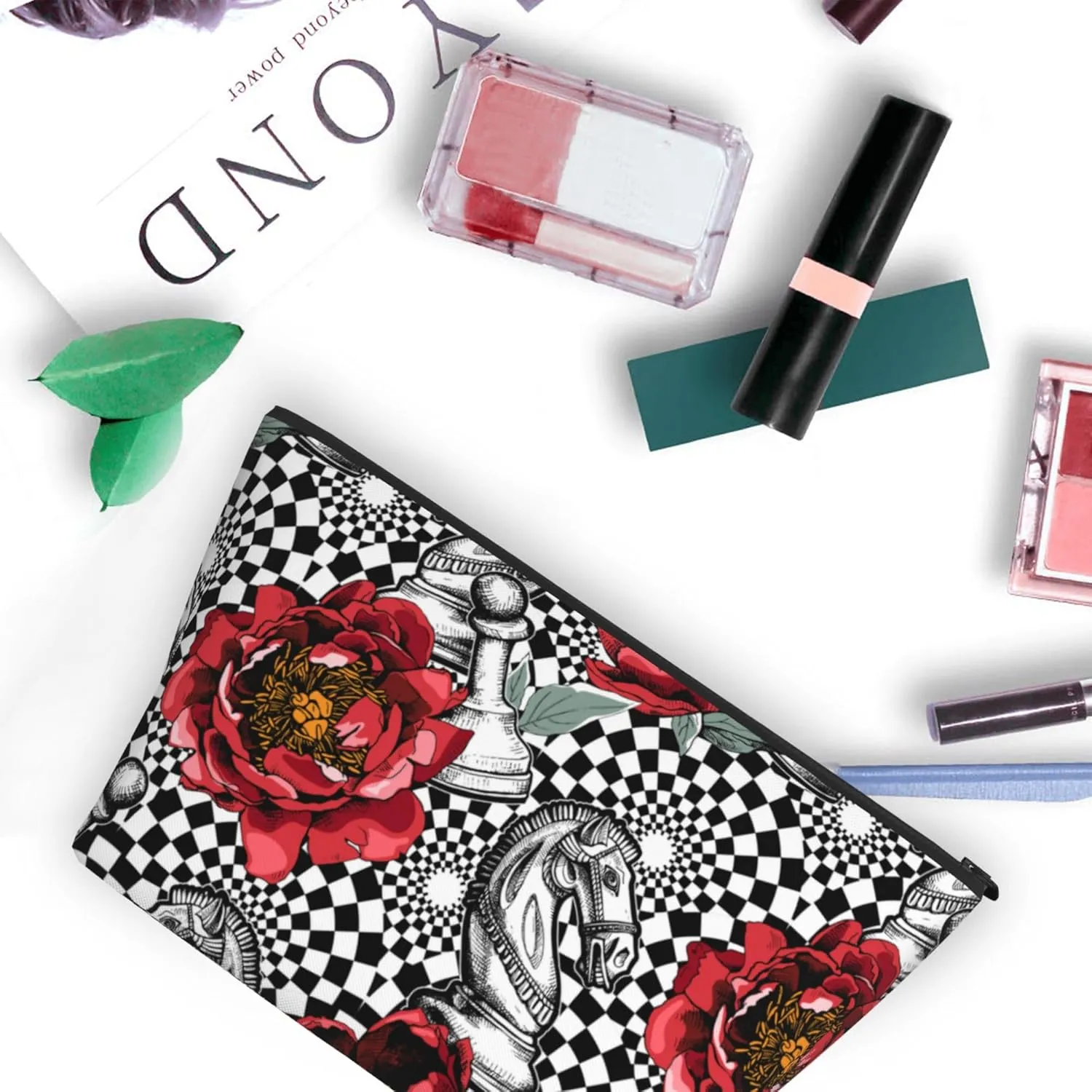 Cosmetic Bags For Women Handbags Purses Makeup Organizer Storage Makeup Bag (Red Peony flowers black white Chess checkered horse floral)