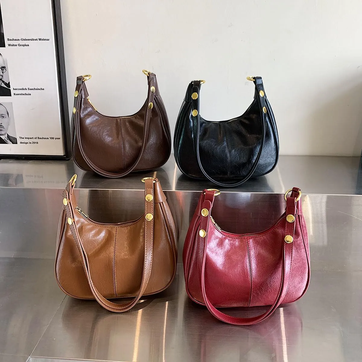 Crescent Shoulder Bags for Women Retro Small Hobo Handbags PU Leather Tote Bag 2025