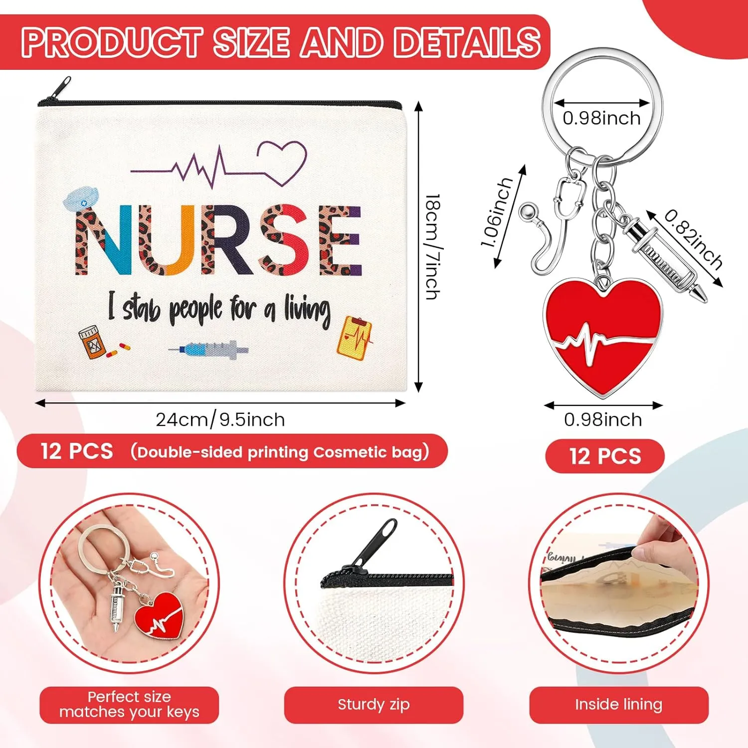 Cunno 24 Pcs Nurse Appreciation Gift Set - 12 Nurse Makeup Bags & 12 Appreciation Keychains Practitioner Graduation Gifts for Women(Stylish Style)