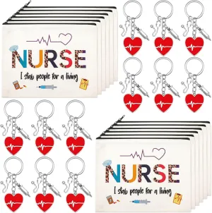 Cunno 24 Pcs Nurse Appreciation Gift Set - 12 Nurse Makeup Bags & 12 Appreciation Keychains Practitioner Graduation Gifts for Women(Stylish Style)