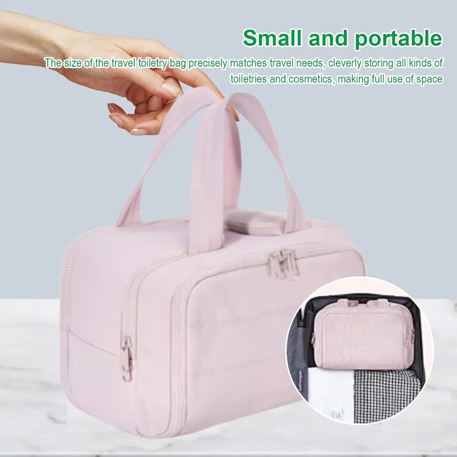 Cureaway Travel Cosmetic Bag, 0.6lb Large Capacity Wide-Open Travel Cosmetic Bag, 4-In-1 Puffy Multi-Functional Toiletry Bag for Women, Wash Pouch Portable Hanging Lightweight Organizer (Green)