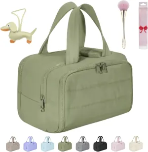 Cureaway Travel Cosmetic Bag, 0.6lb Large Capacity Wide-Open Travel Cosmetic Bag, 4-In-1 Puffy Multi-Functional Toiletry Bag for Women, Wash Pouch Portable Hanging Lightweight Organizer (Green)