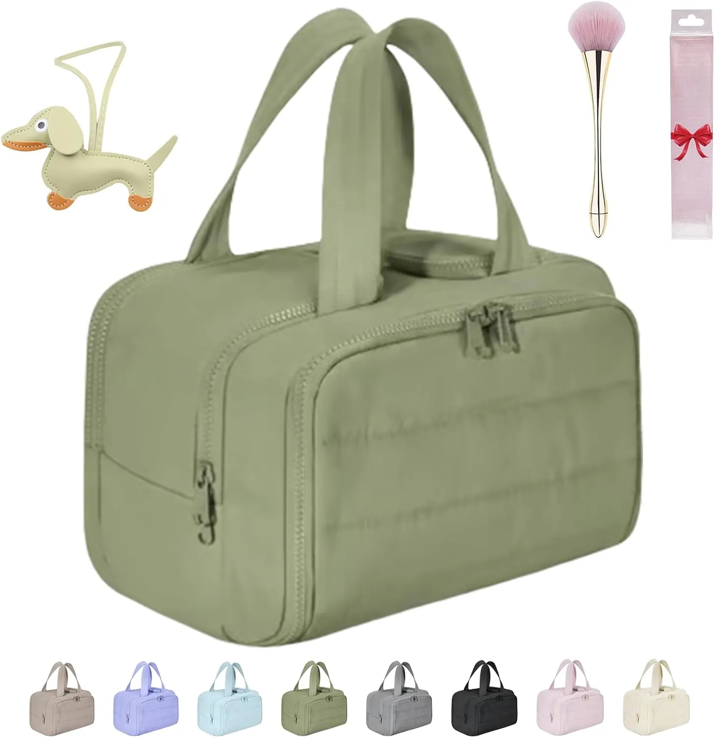 Cureaway Travel Cosmetic Bag, 0.6lb Large Capacity Wide-Open Travel Cosmetic Bag, 4-In-1 Puffy Multi-Functional Toiletry Bag for Women, Wash Pouch Portable Hanging Lightweight Organizer (Green)