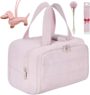 Cureaway Travel Cosmetic Bag, 0.6lb Large Capacity Wide-Open Travel Cosmetic Bag, 4-In-1 Puffy Multi-Functional Toiletry Bag for Women, Wash Pouch Portable Hanging Lightweight Organizer (Pink)