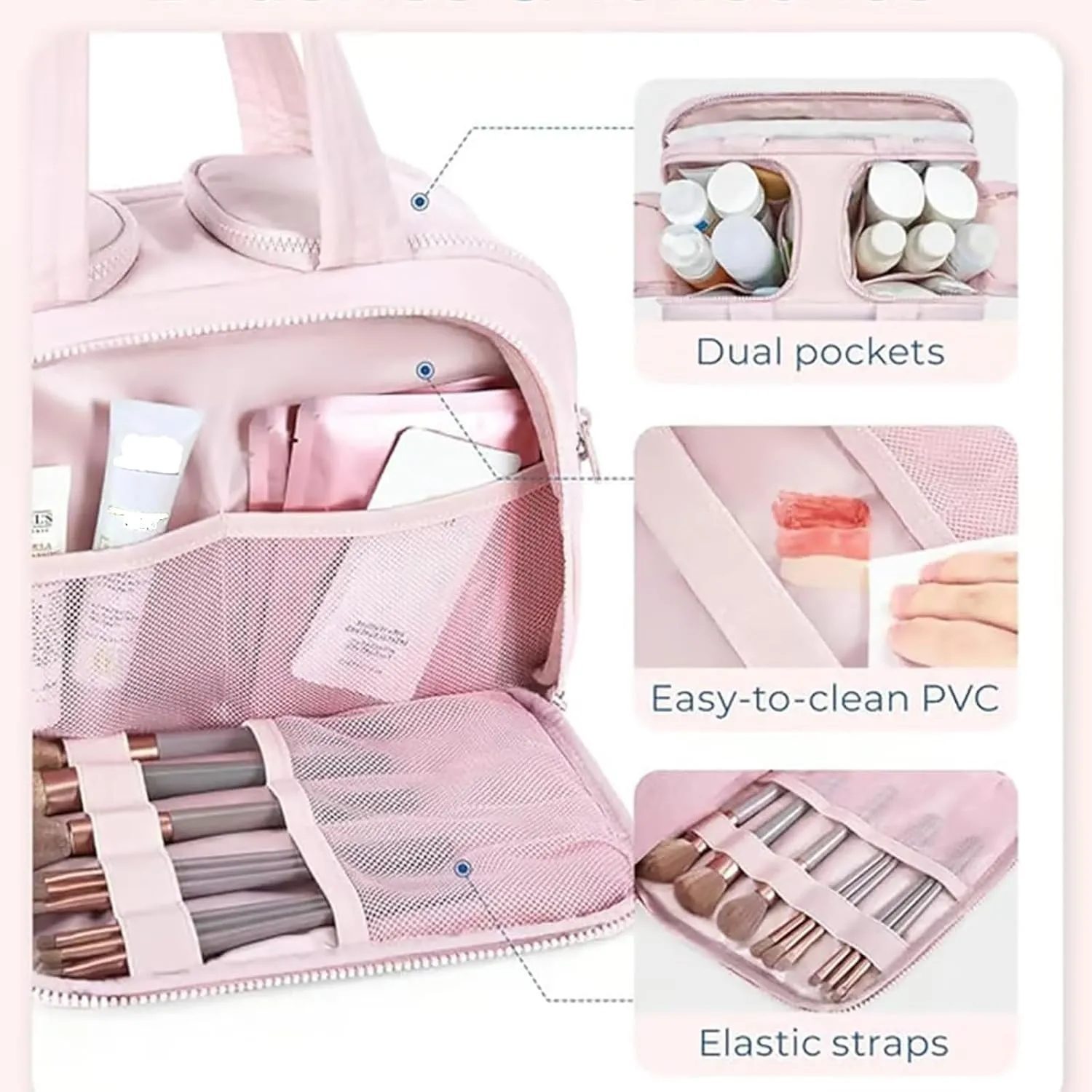 Cureaway - Travel Cosmetic Bag, Cureaway Large Capacity Wide-Open Travel Cosmetic Bag, Multi-Functional Toiletry Bag for Women, Portable Hanging Organizer with 4 Compartments (Beige)