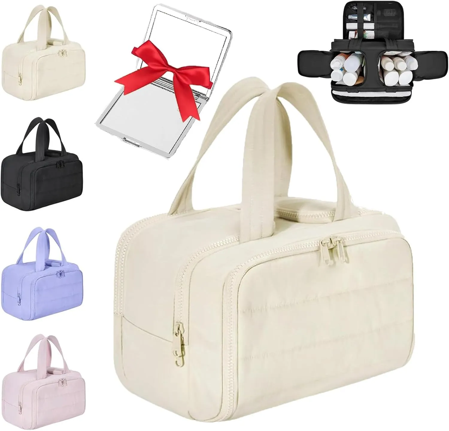Cureaway - Travel Cosmetic Bag, Cureaway Large Capacity Wide-Open Travel Cosmetic Bag, Multi-Functional Toiletry Bag for Women, Portable Hanging Organizer with 4 Compartments (Beige)