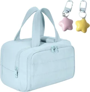 Cureaway Travel Cosmetic Bag, Large Capacity Wide-Open Travel Cosmetic Bag, 4-In-1 Puffy Multi-Functional Toiletry Bag for Women, Portable Toiletry Bag with Divider and Handle (Blue)