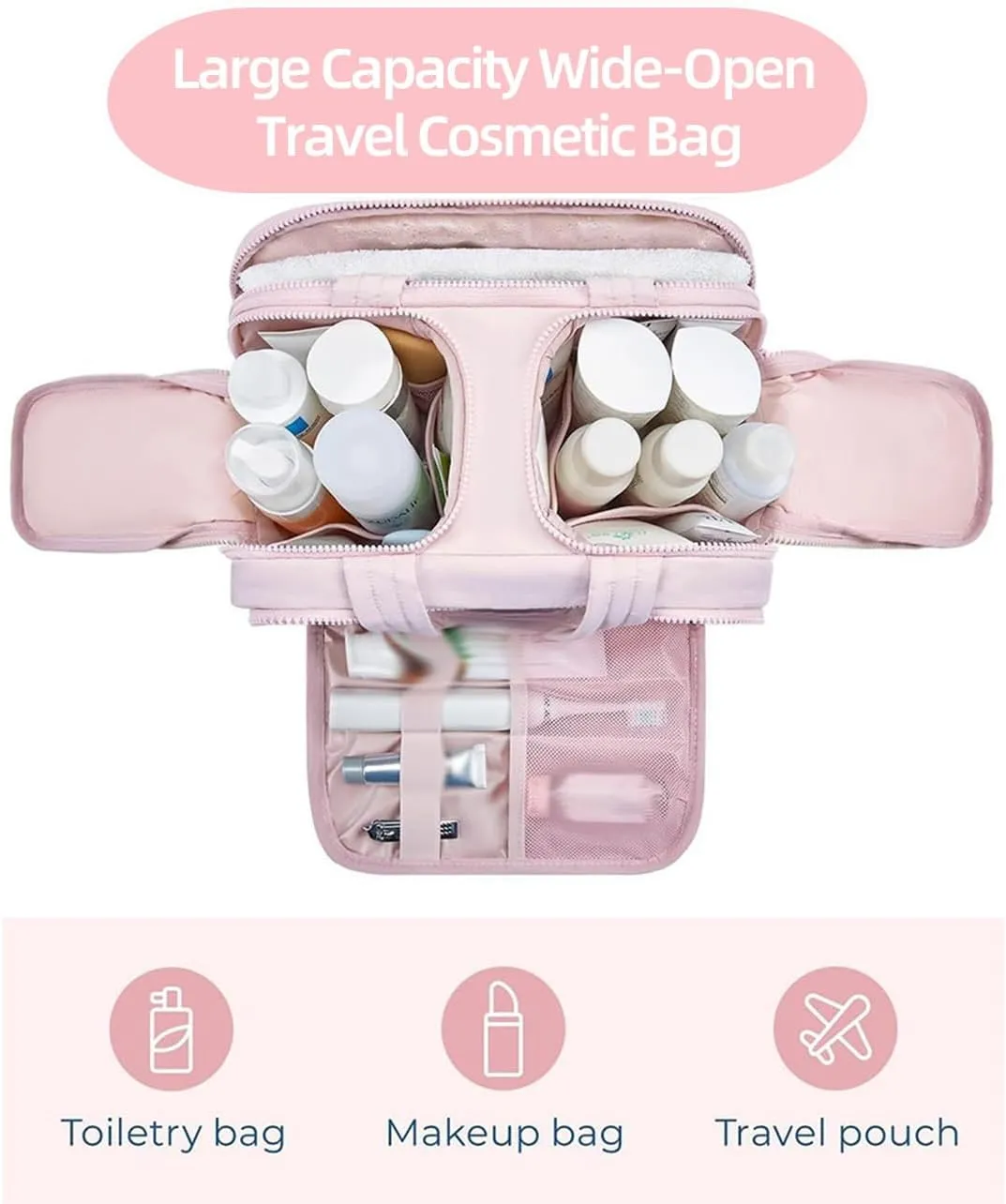 Cureaway Travel Cosmetic Bag, Large Capacity Wide-Open Travel Cosmetic Bag, 4-In-1 Puffy Multi-Functional Toiletry Bag for Women, Portable Toiletry Bag with Divider and Handle (Pink)