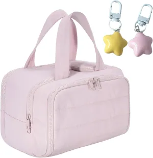 Cureaway Travel Cosmetic Bag, Large Capacity Wide-Open Travel Cosmetic Bag, 4-In-1 Puffy Multi-Functional Toiletry Bag for Women, Portable Toiletry Bag with Divider and Handle (Pink)
