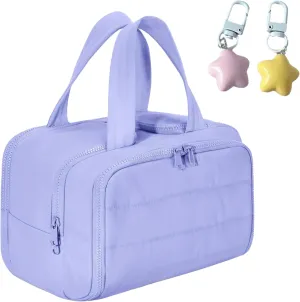 Cureaway Travel Cosmetic Bag, Large Capacity Wide-Open Travel Cosmetic Bag, 4-In-1 Puffy Multi-Functional Toiletry Bag for Women, Portable Toiletry Bag with Divider and Handle (Purple)