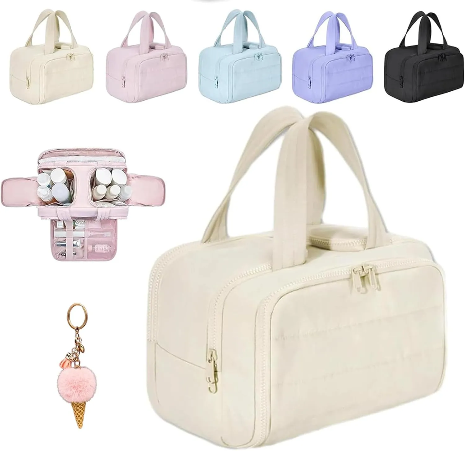 Cureaway Travel Cosmetic Bag, Large Capacity Wide-Open Travel Cosmetic Bag, 4-in-1 Puffy Multi-functional Toiletry Bag for Women, Wash Pouch Portable Hanging Organizer (Beige)