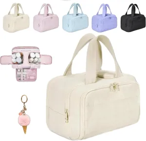 Cureaway Travel Cosmetic Bag, Large Capacity Wide-Open Travel Cosmetic Bag, 4-in-1 Puffy Multi-functional Toiletry Bag for Women, Wash Pouch Portable Hanging Organizer (Beige)