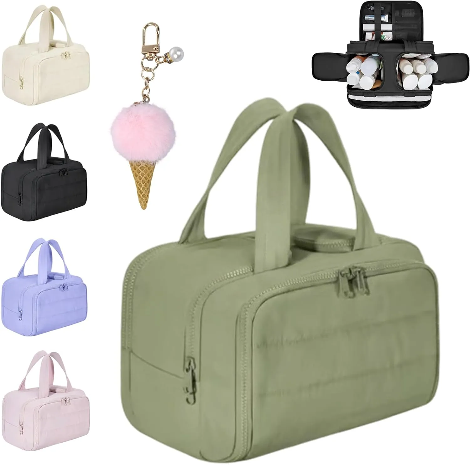 Cureaway Travel Cosmetic Bag, Large Capacity Wide-Open Travel Cosmetic Bag, 4-In-1 Puffy Multi-Functional Toiletry Bag for Women, Wash Pouch Portable Hanging Organizer (Green)