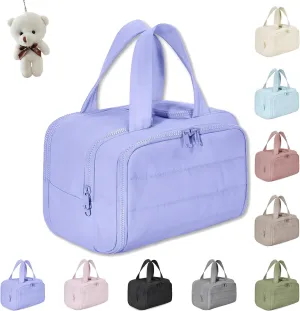 Cureaway Travel Cosmetic Bag, Large Capacity Wide-Open Travel Cosmetic Bag, 4-In-1 Puffy Multi-Functional Toiletry Bag for Women, Waterproof Portable Pouch with Divider and Handle (Purple)