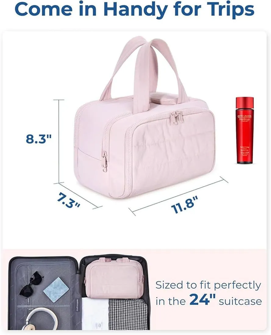 Cureaway Travel Cosmetic Bag, Large Capacity Wide-Open Travel Cosmetic Bag, 4-In-1 Puffy Multi-Functional Toiletry Bag for Women, Waterproof Portable Pouch with Divider and Handle (Purple)