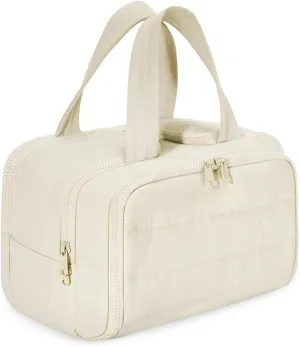 Cureaway Travel Cosmetic Bag, Large Capacity Wide-Open Travel Cosmetic Bag, 4-In-1 Puffy Multi-Functional Toiletry Bag, Hanging Organizer For Women, With Divider And Handle (Beige)