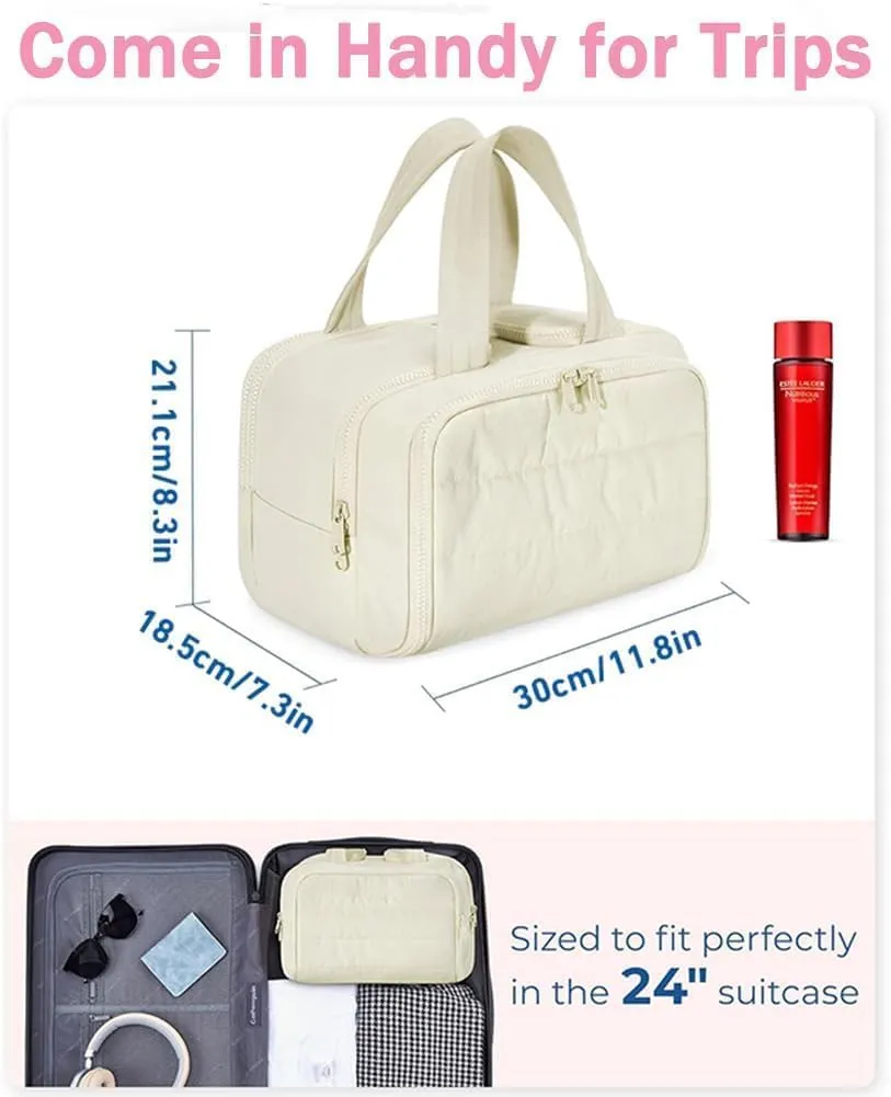 Cureaway Travel Cosmetic Bag, Large Capacity Wide-Open Travel Cosmetic Bag, 4-In-1 Puffy Multi-Functional Toiletry Bag, Hanging Organizer For Women, With Divider And Handle (Blue)