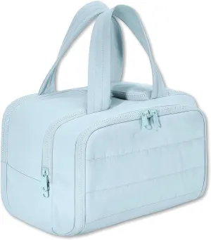Cureaway Travel Cosmetic Bag, Large Capacity Wide-Open Travel Cosmetic Bag, 4-In-1 Puffy Multi-Functional Toiletry Bag, Hanging Organizer For Women, With Divider And Handle (Blue)