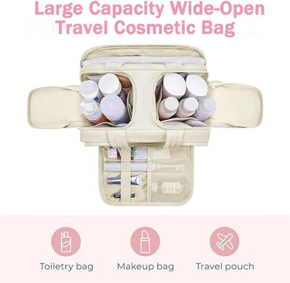 Cureaway Travel Cosmetic Bag, Large Capacity Wide-Open Travel Cosmetic Bag, 4-In-1 Puffy Multi-Functional Toiletry Bag, Hanging Organizer For Women, With Divider And Handle (Brown)