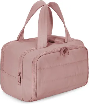 Cureaway Travel Cosmetic Bag, Large Capacity Wide-Open Travel Cosmetic Bag, 4-In-1 Puffy Multi-Functional Toiletry Bag, Hanging Organizer For Women, With Divider And Handle (Dark Pink)