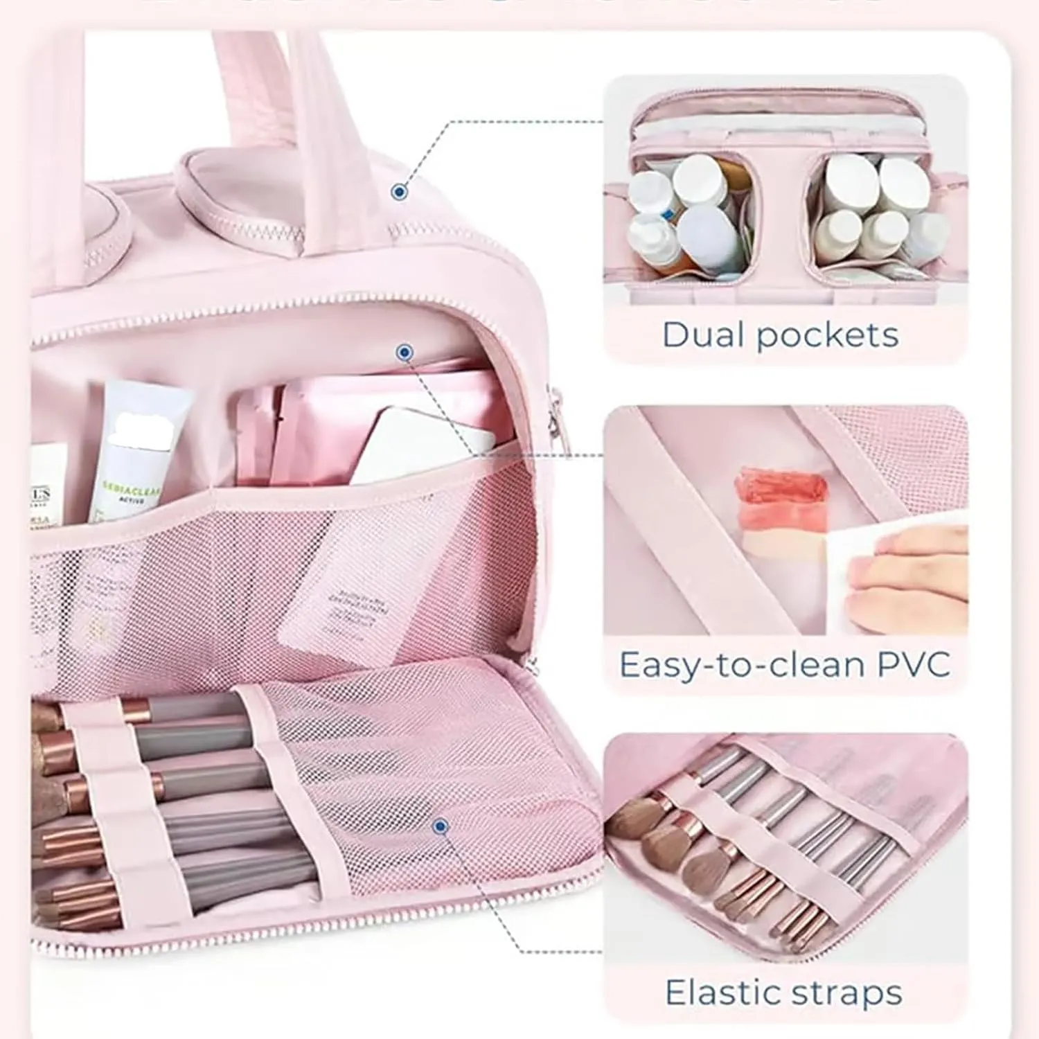Cureaway Travel Cosmetic Bag, Large Capacity Wide-Open Travel Cosmetic Bag, 4-In-1 Puffy Multi-Functional Toiletry Bag, Hanging Organizer For Women, With Divider And Handle (Gray)