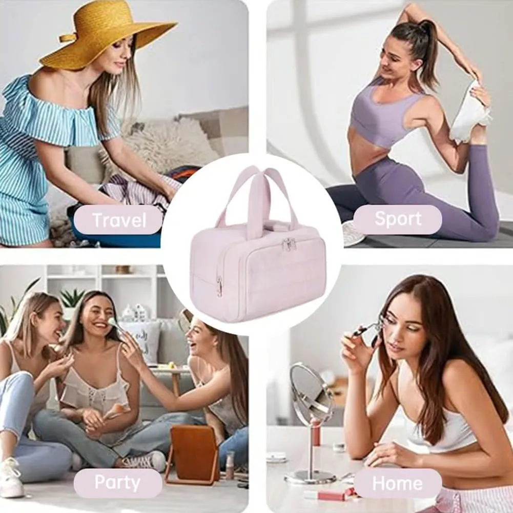 Cureaway Travel Cosmetic Bag, Large Capacity Wide-Open Travel Cosmetic Bag, 4-In-1 Puffy Multi-Functional Toiletry Bag, Hanging Organizer For Women, With Divider And Handle (Gray)