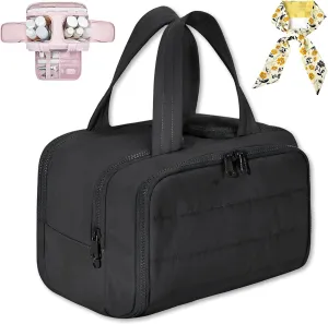 Cureaway Travel Cosmetic Bag, Large Capacity Wide-Open Travel Cosmetic Bag, 4 In 1 Waterproof Puffy Multi-Functional Toiletry Bag for Women with Divider and Handle (Black)