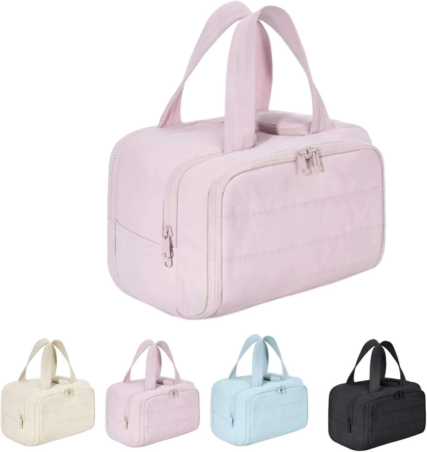Cureaway Travel Cosmetic Bag, Large Capacity Wide-Open Travel Cosmetic Bag, for Women with Divider and Handle, 4-In-1 Puffy Multi-Functional Toiletry Bag for Women (Creamy pink)