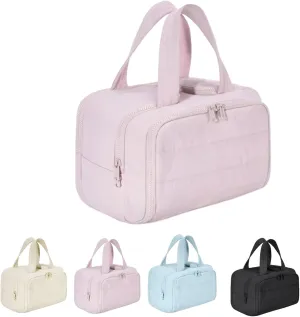 Cureaway Travel Cosmetic Bag, Large Capacity Wide-Open Travel Cosmetic Bag, for Women with Divider and Handle, 4-In-1 Puffy Multi-Functional Toiletry Bag for Women (Creamy pink)