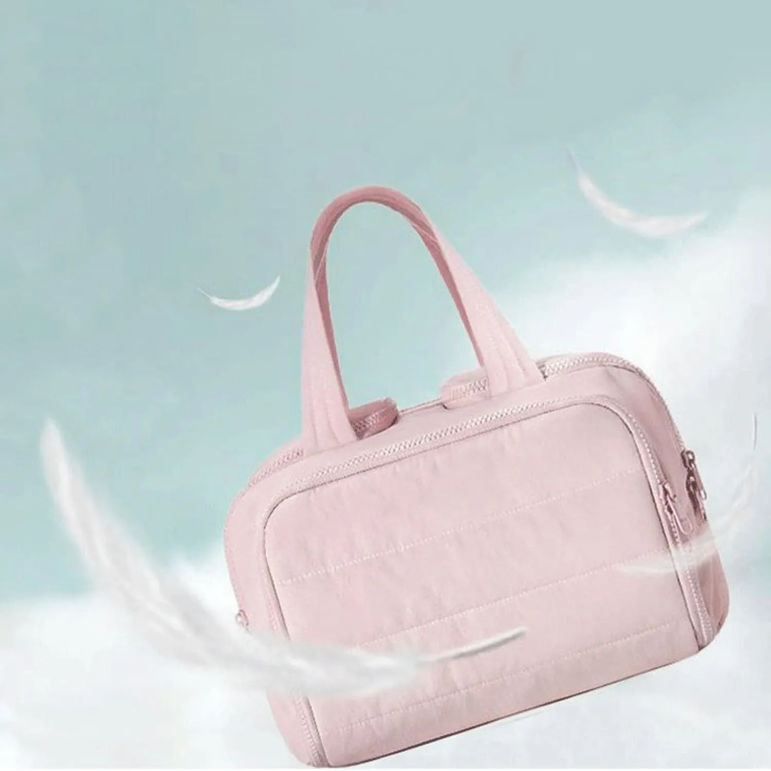 Cureaway Travel Cosmetic Bag, Large Capacity Wide-Open Travel Cosmetic Bag, for Women with Divider and Handle, 4-In-1 Puffy Multi-Functional Toiletry Bag for Women (Creamy pink)