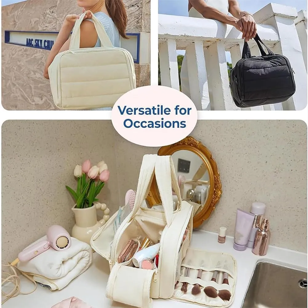 Curetoaway Large Capacity Wide-Open Travel Cosmetic Bag, 4-In-1 Puffy Multi-Functional Toiletry Bag for Women, Wash Pouch Portable Hanging Organizer for Toiletries & Beauty Essentials (Beige)