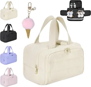 Curetoaway Large Capacity Wide-Open Travel Cosmetic Bag, 4-In-1 Puffy Multi-Functional Toiletry Bag for Women, Wash Pouch Portable Hanging Organizer for Toiletries & Beauty Essentials (Beige)