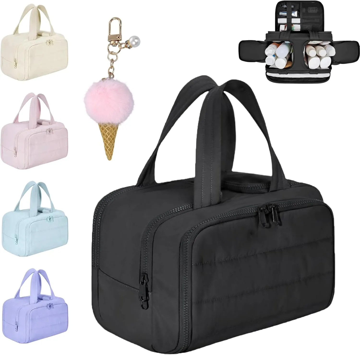 Curetoaway Large Capacity Wide-Open Travel Cosmetic Bag, 4-In-1 Puffy Multi-Functional Toiletry Bag for Women, Wash Pouch Portable Hanging Organizer for Toiletries & Beauty Essentials (Black)