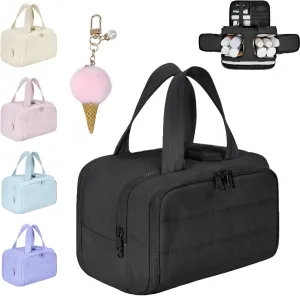 Curetoaway Large Capacity Wide-Open Travel Cosmetic Bag, 4-In-1 Puffy Multi-Functional Toiletry Bag for Women, Wash Pouch Portable Hanging Organizer for Toiletries & Beauty Essentials (Black)