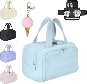 Curetoaway Large Capacity Wide-Open Travel Cosmetic Bag, 4-In-1 Puffy Multi-Functional Toiletry Bag for Women, Wash Pouch Portable Hanging Organizer for Toiletries & Beauty Essentials (Blue)