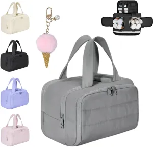 Curetoaway Large Capacity Wide-Open Travel Cosmetic Bag, 4-In-1 Puffy Multi-Functional Toiletry Bag for Women, Wash Pouch Portable Hanging Organizer for Toiletries & Beauty Essentials (Gray)
