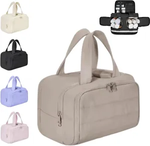 Curetoaway Large Capacity Wide-Open Travel Cosmetic Bag, 4-In-1 Puffy Multi-Functional Toiletry Bag for Women, Wash Pouch Portable Hanging Organizer for Toiletries & Beauty Essentials (Khaki)
