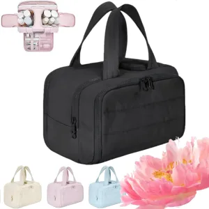 Curetoaway Large Capacity Wide-Open Travel Cosmetic Bag,Cureaway Makeup Tote,4-in-1 Puffy Multi-functional Toiletry Bag for Women,Wash Pouch Portable Hanging Organizer (Black)