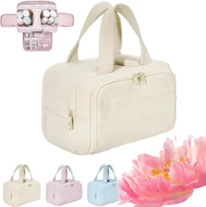 Curetoaway Large Capacity Wide-Open Travel Cosmetic Bag,Cureaway Makeup Tote,4-in-1 Puffy Multi-functional Toiletry Bag for Women,Wash Pouch Portable Hanging Organizer (Off-white)