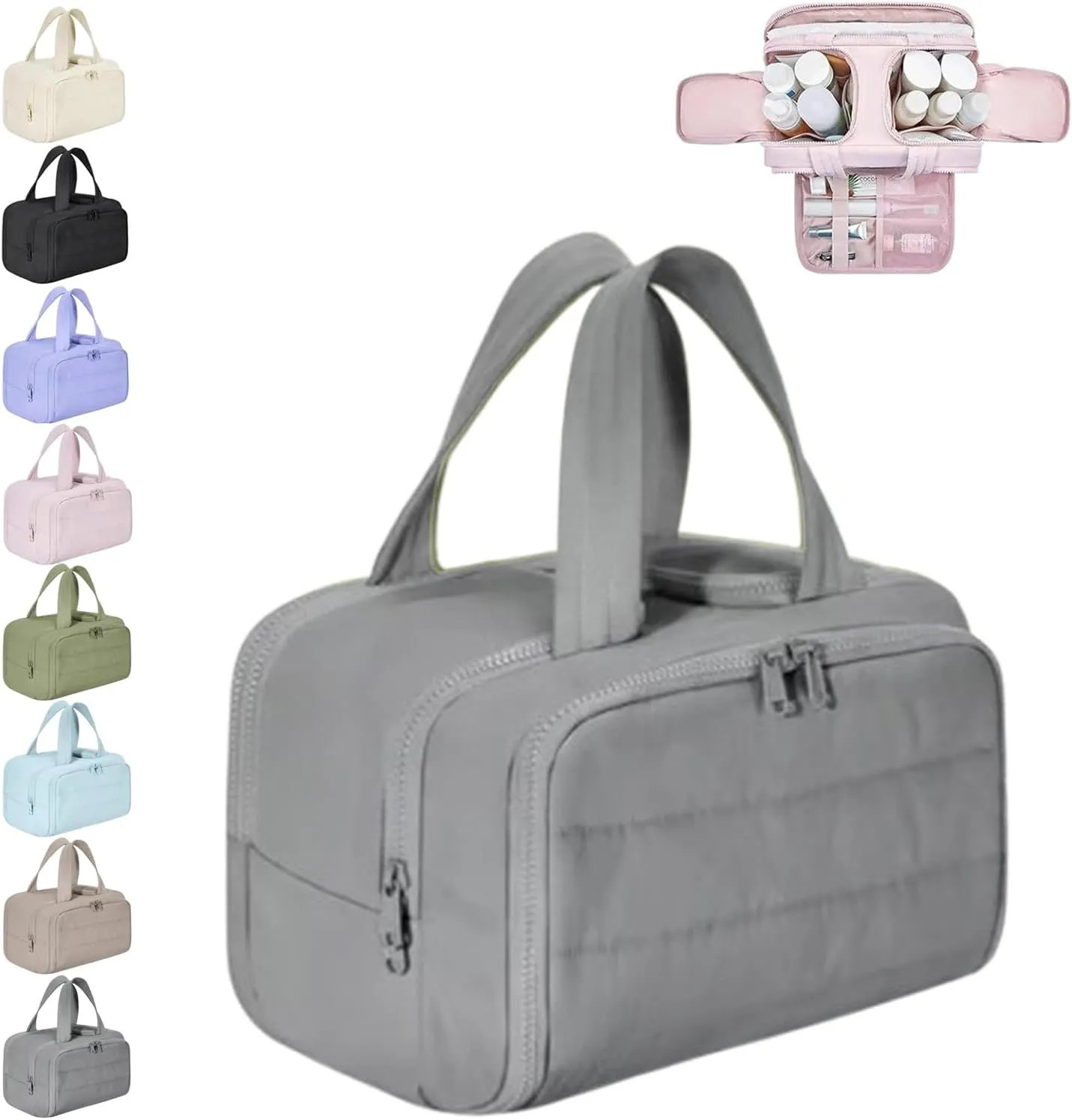 Curetoaway Travel Cosmetic Bag, Large Capacity Wide-Open Travel Cosmetic Bag, Curetoaway-Z Lightweight Waterproof Puffer Toiletry Bag, 4-In-1 Puffy Multi-Functional Toiletry Bag for Women (Gray, A)