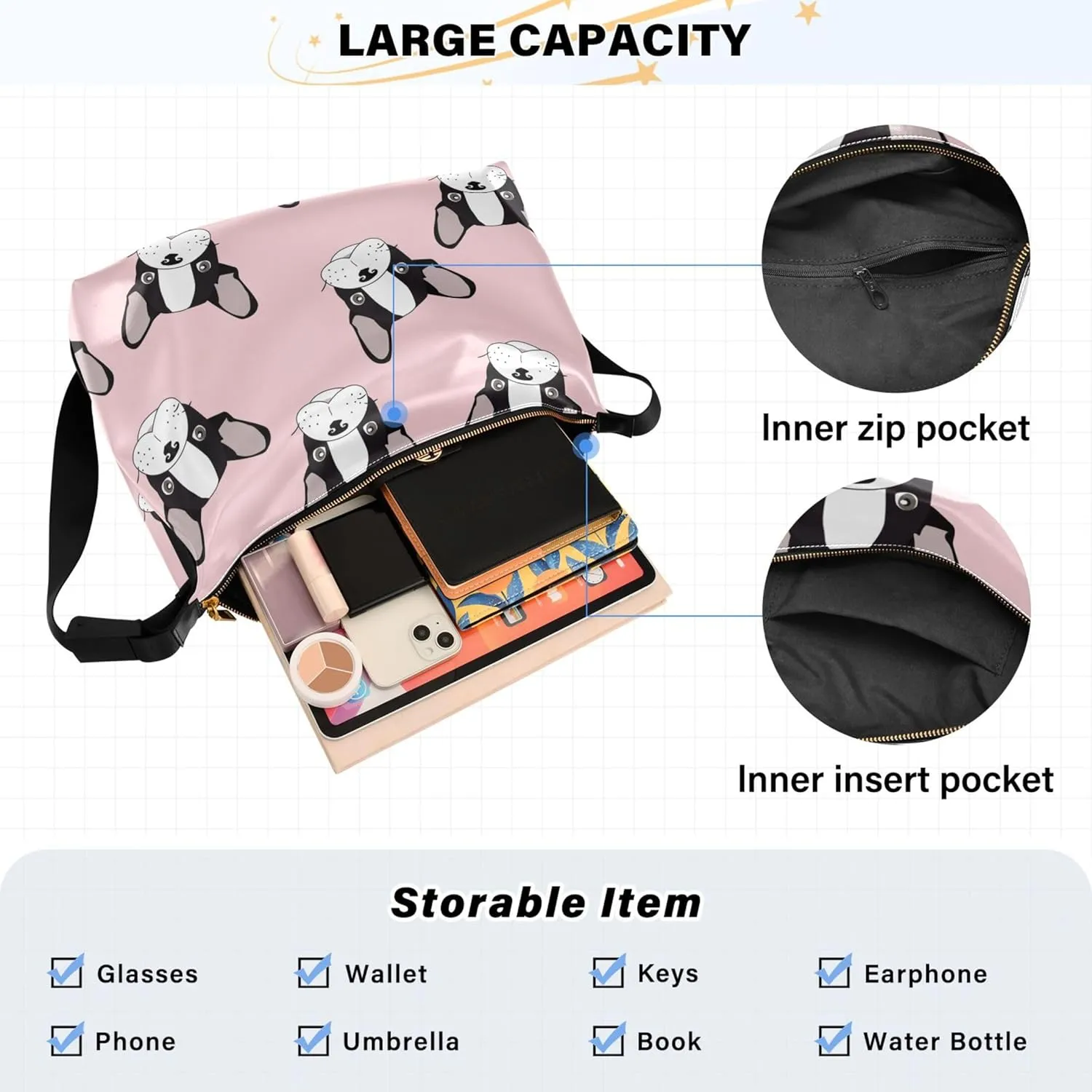 Cute Bulldog Hobo Leather Bags for Women Large Crossbody Purse Stylish Animal Print Shoulder Handbag Purse