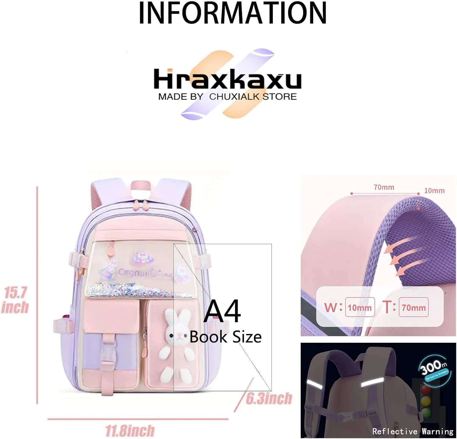 Cute Bunny Backpack, Kawaii Bunny Backpacks Girls,Back To School Large Capacity Waterproof Bookbag for Grades 1-6 Bags(Purple)