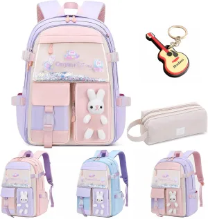 Cute Bunny Backpack, Kawaii Bunny Backpacks Girls,Back To School Large Capacity Waterproof Bookbag for Grades 1-6 Bags(Purple)
