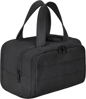 Decisive Makeup Bag, Elouva Toiletry Bag, Large Capacity Wide-Open Travel Cosmetic Bag, 4-in-1 Puffy Multi-functional Toiletry Bag, Portable Hanging Organizer, Dry-and-Wet Separation (Black)